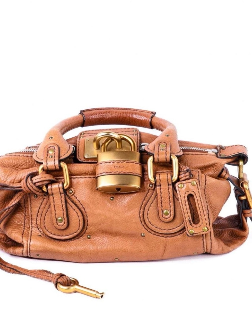 Chloe Tan Leather Satchel with Gold-Tone Padlock